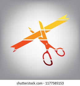 Ceremony ribbon cut sign. Vector. Horizontally sliced icon with colors from sunny gradient in gray background.
