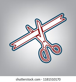 Ceremony ribbon cut sign. Vector. Dark red, transparent and midnight green stroke of white icon at grayish background.