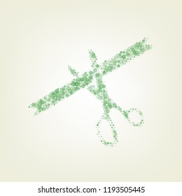 Ceremony ribbon cut sign. Vector. Green hexagon rastered icon and noised opacity and size at light green background with central light.