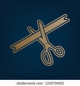 Ceremony ribbon cut sign. Vector. Golden icon and border at dark cyan background.