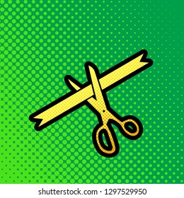 Ceremony ribbon cut sign. Vector. Pop art orange to yellow dots-gradient icon with black contour at greenish background.