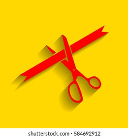 Ceremony ribbon cut sign. Vector. Red icon with soft shadow on golden background.