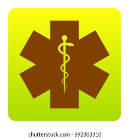 Ceremony ribbon cut sign. Vector. Brown icon at green-yellow gradient square with rounded corners on white background. Isolated.