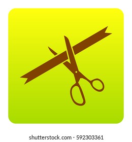 Ceremony ribbon cut sign. Vector. Brown icon at green-yellow gradient square with rounded corners on white background. Isolated.