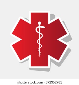 Ceremony ribbon cut sign. Vector. New year reddish icon with outside stroke and gray shadow on light gray background.