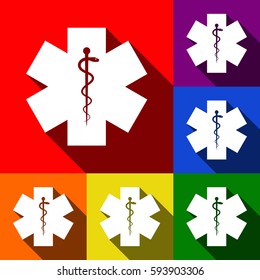 Ceremony ribbon cut sign. Vector. Set of icons with flat shadows at red, orange, yellow, green, blue and violet background.