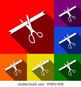 Ceremony ribbon cut sign. Vector. Set of icons with flat shadows at red, orange, yellow, green, blue and violet background.