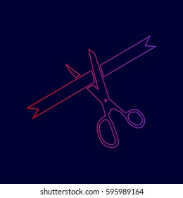 Ceremony ribbon cut sign. Vector. Line icon with gradient from red to violet colors on dark blue background.