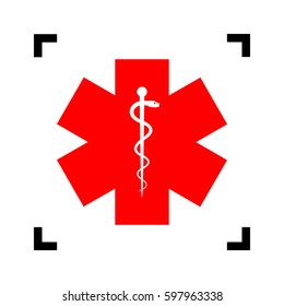 Ceremony ribbon cut sign. Vector. Red icon inside black focus corners on white background. Isolated.
