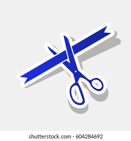 Ceremony ribbon cut sign. Vector. New year bluish icon with outside stroke and gray shadow on light gray background.
