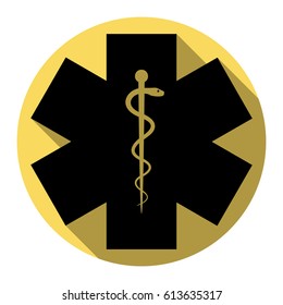 Ceremony ribbon cut sign. Vector. Flat black icon with flat shadow on royal yellow circle with white background. Isolated.