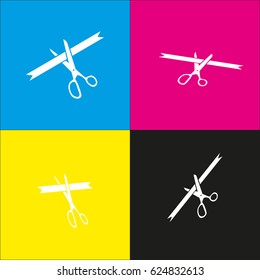 Ceremony ribbon cut sign. Vector. White icon with isometric projections on cyan, magenta, yellow and black backgrounds.
