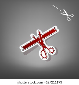 Ceremony ribbon cut sign. Vector. Red icon with for applique from paper with shadow on gray background with scissors.