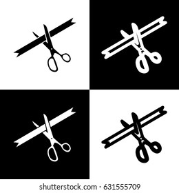 Ceremony ribbon cut sign. Vector. Black and white icons and line icon on chess board.