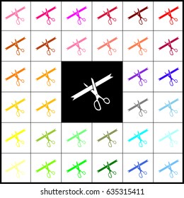 Ceremony ribbon cut sign. Vector. Felt-pen 33 colorful icons at white and black backgrounds. Colorfull.