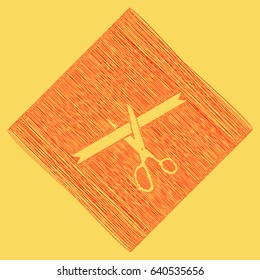 Ceremony ribbon cut sign. Vector. Red scribble icon obtained as a result of subtraction rhomb and path. Royal yellow background.