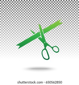 Ceremony ribbon cut sign. Vector. Green gradient icon with shadow at bottom on transparent and white background.