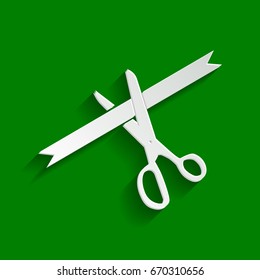 Ceremony ribbon cut sign. Vector. Paper whitish icon with soft shadow on green background.