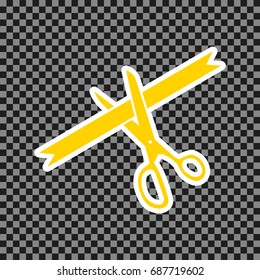 Ceremony ribbon cut sign. Vector. Yellow icon with white contour on dark transparent background.