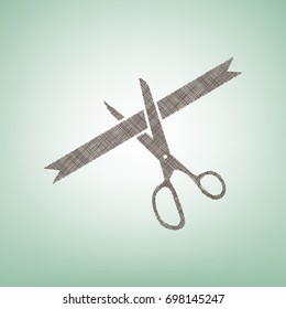 Ceremony ribbon cut sign. Vector. Brown flax icon on green background with light spot at the center.