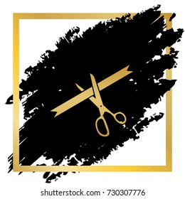 Ceremony ribbon cut sign. Vector. Golden icon at black spot inside golden frame on white background.