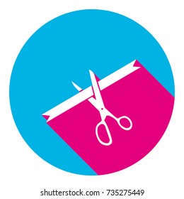 Ceremony ribbon cut sign. Vector. Flat white icon with mexican pink shadow inside sky blue(S and G) circle at white background. Isolated. Trend colors in 2017.