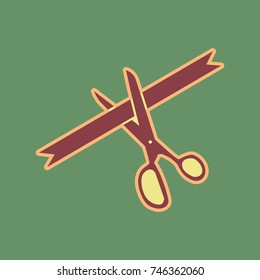 Ceremony ribbon cut sign. Vector. Cordovan icon and mellow apricot halo with light khaki filled space at russian green background.