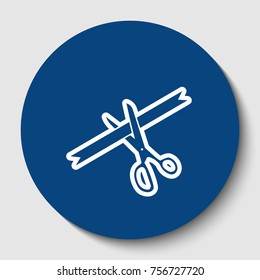 Ceremony ribbon cut sign. Vector. White contour icon in dark cerulean circle at white background. Isolated.