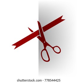 Ceremony ribbon cut sign. Vector. Bordo icon on white bending paper background.