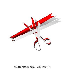 Ceremony ribbon cut sign. Vector. Detachable paper icon with red body stock. Isolated.