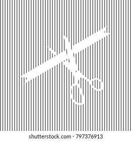 Ceremony ribbon cut sign. Vector. White icon on grayish striped background. Optical illusion.