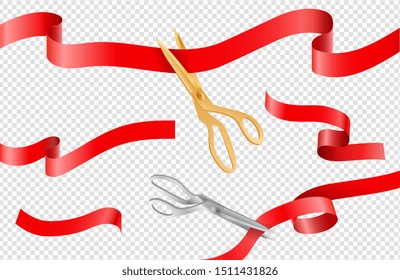 Ceremony ribbons. 3D scissors, grand opening ribbons on transparent background. Vector golden silver scissors and red silk banners