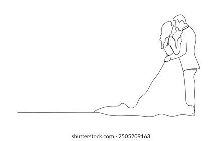 Ceremony wedding day. Romantic elegance concept. Bride and groom Line Art. Back view. Wedding silhouette figures of newlyweds. Heart Shape. Vector illustration. 