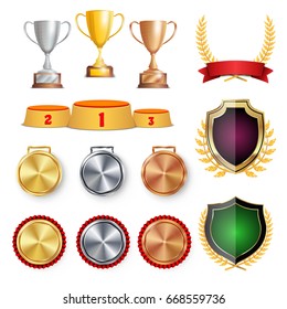 Ceremony Winner Honor Prize. Trophy Awards Cups, Golden Laurel Wreath With Red Ribbon And Gold Shield, Medals Template, Sports Placement Podium. 1st, 2nd, 3rd Place. Isolated. Vector Illustration