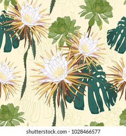 Cereus flowers   different kind tropical leaves yellow background  Bright  seamless  beautiful  exotic vector pattern 