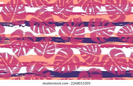 Ceriman bush foliage floral seamless ornament over stripes background. Vibrant textile print vector design. Rainforest monstera leaves. Paradise wrapping paper.