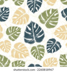 Ceriman exotic foliage botanical seamless ornament over noisy background. Trendy fabric sample summer design. Rainforest philodendron leaves. Exotic backdrop.