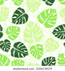 Ceriman exotic foliage floral repeat rapport over noisy background. Vibrant wallpaper template graphic design. Houseplant monstera leaves. Paradise background.