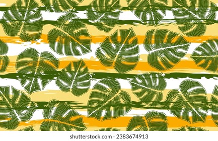 Ceriman exotic leaves floral repeat rapport over stripes background. Grunge wallpaper swatch summer design. Rainforest monstera foliage. Jungle background.