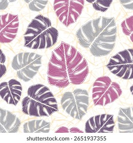 Ceriman exotic leaves floral seamless rapport over noisy background. Simple textile template vector design. Houseplant philodendron foliage. Jungle background.