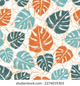 Ceriman plant foliage floral seamless ornament over noisy background. Elegant wallpaper print vector design. Hawaiian ceriman leaves. Tropical background.