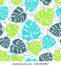 Ceriman gestreiftes Blattwerk, botanisches Wiederholmuster auf geräuschvollem Hintergrund. Romantische Textilien beobachten Sommerdesign. Häuspflanzenphilodendron Blätter. Tropisches Verpackungspapier.