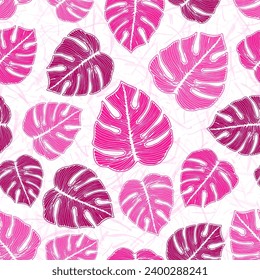 Patrón de repetición botánica del follaje rayado de Ceriman sobre un fondo ruidoso. Diseño vectorial de plantilla textil colorido. Hojas de monstera hawaiana. Fondo botánico.