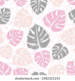 Ceriman striped foliage floral repeat ornament over noisy background. Romantic wallpaper sample summer design. Rainforest monstera leaves. Exotic background.