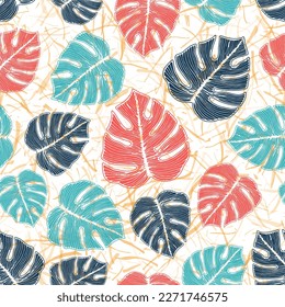 Ceriman striped leaves botanical repeat pattern over noisy background. Minimal wallpaper swatch graphic design. Rainforest philodendron foliage. Jungle background.