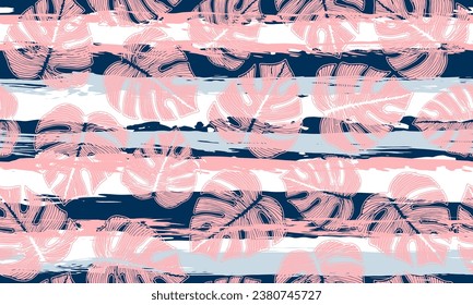 Ceriman striped leaves botanical repeat ornament over stripes background. Elegant fabric template graphic design. Hawaiian monstera foliage. Floral wrapping paper.