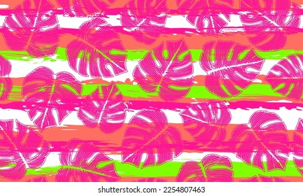 Ceriman striped leaves floral seamless ornament over stripes background. Romantic textile swatch vector design. Rainforest monstera foliage. Tropical backdrop.