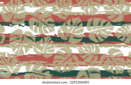 Ceriman tropical foliage botanical seamless rapport over stripes background. Bright fabric swatch graphic design. Hawaiian monstera leaves. Jungle backdrop.