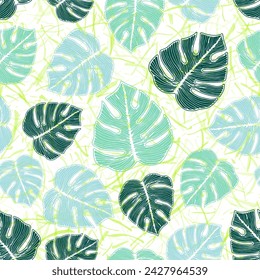 Ceriman tropical foliage botanical seamless pattern over noisy background. Romantic fabric sample graphic design. Nature ceriman leaves. Exotic background.