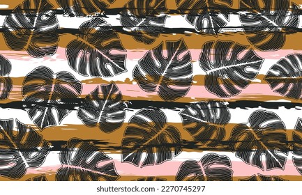 Ceriman tropical foliage floral seamless rapport over stripes background. Modern wallpaper swatch vector design. Nature philodendron leaves. Botanical background.